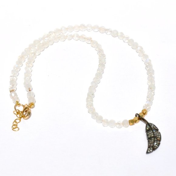 Sterling Silver and 14k Gold Filled Moonstone & Diamond Leaf Necklace - Picture 3 of 5